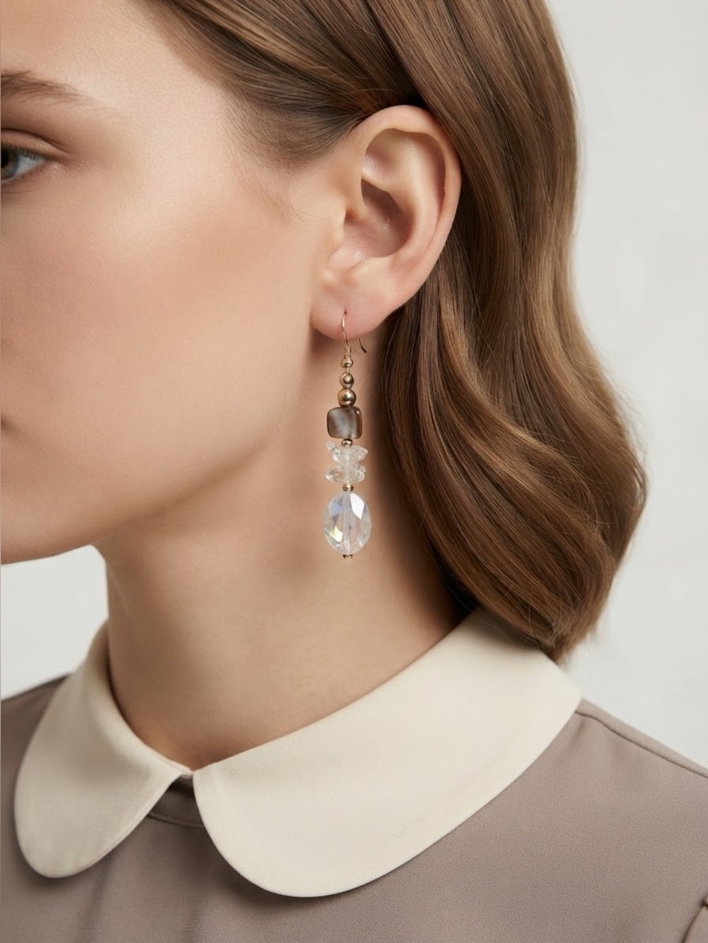 Mother of Pearl & AB Crystal Dangle Earrings | Quartz Chips Gold-Tone Jewelry